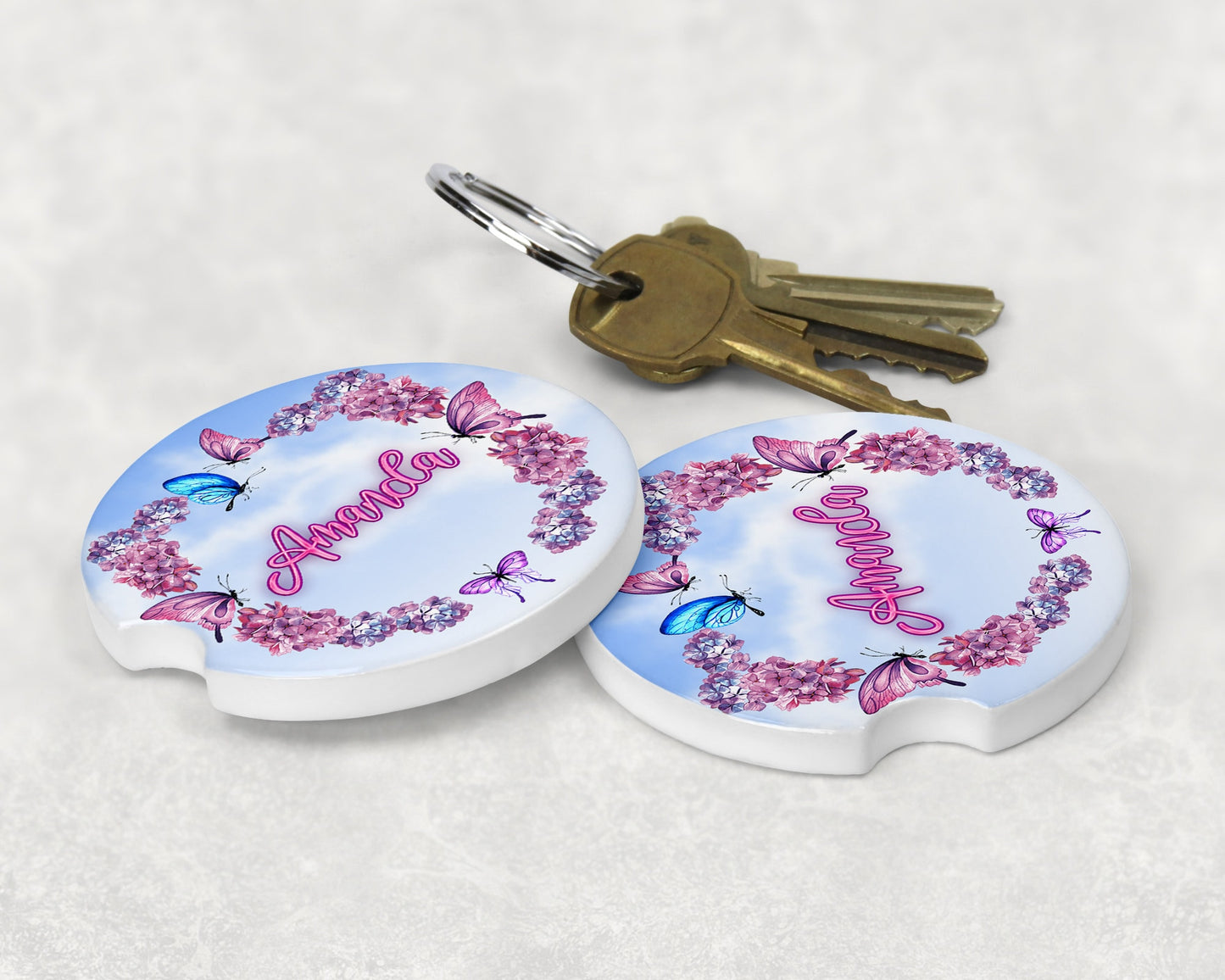 Personalized Butterfly Wreath Art Car Coasters - Matching Pair - Schoppix Gifts