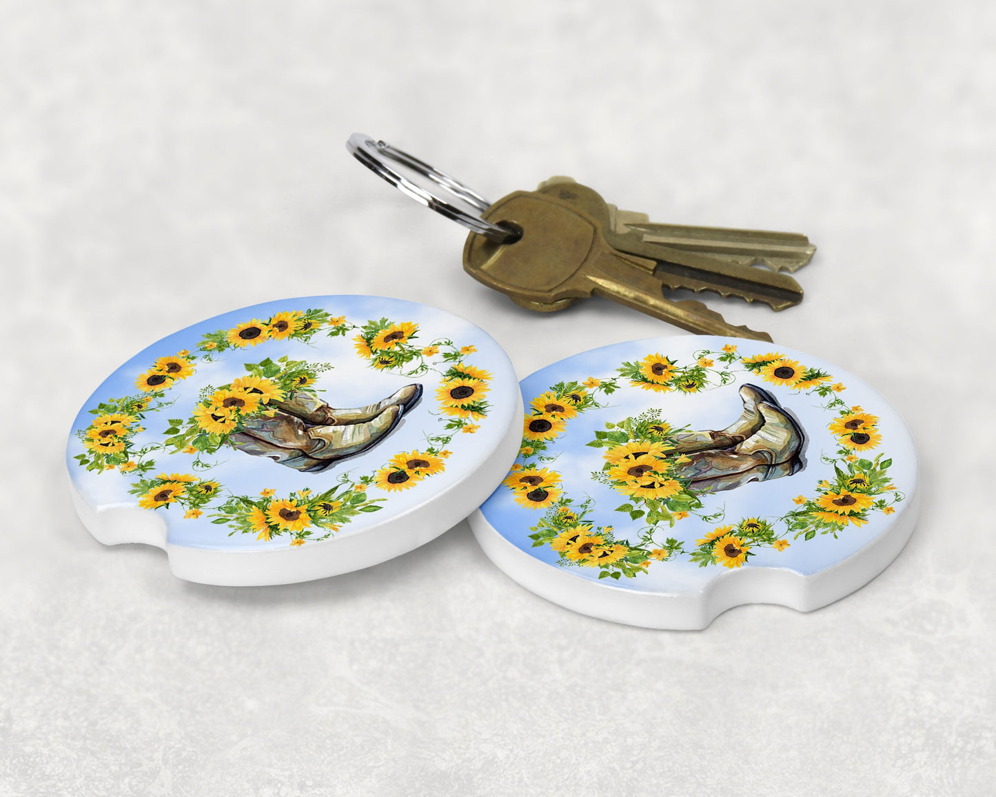 Cowgirl Boots and Sunflowers Art Car Coasters - Matching Pair - Schoppix Gifts