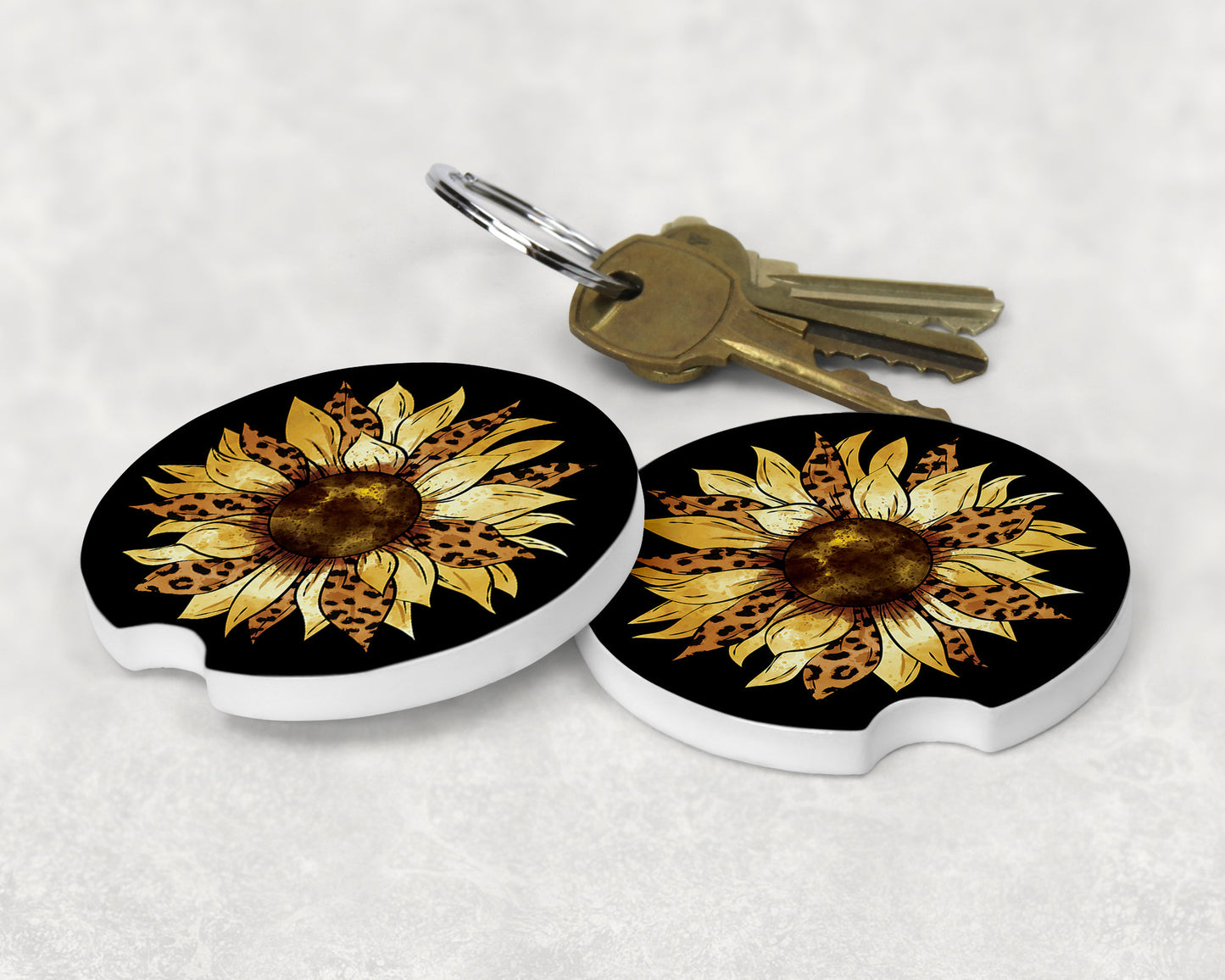 Leopard Print Sunflower Art Car Coasters - Matching Pair - Schoppix Gifts