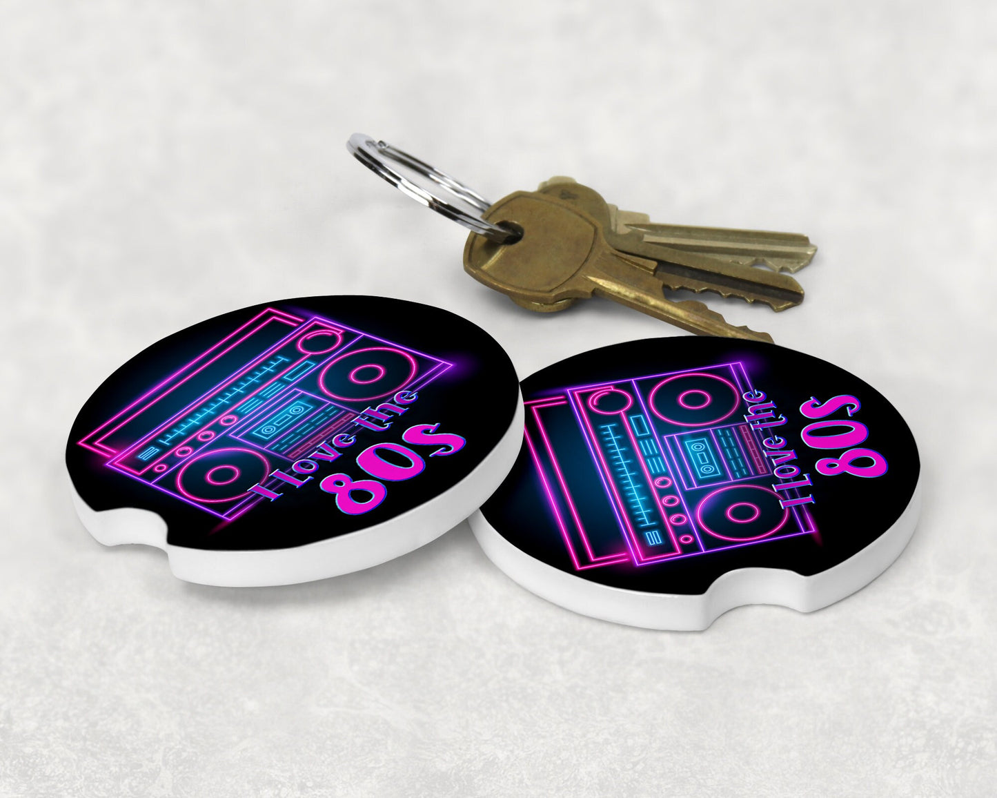 I Love the 80s Neon Boombox Art Car Coasters - Matching Pair - Schoppix Gifts