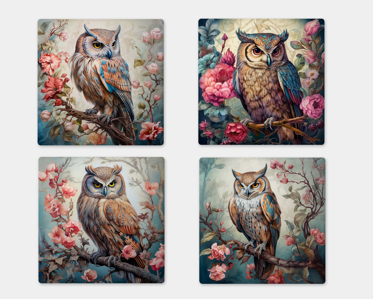 a painting of three owls sitting on a tree branch