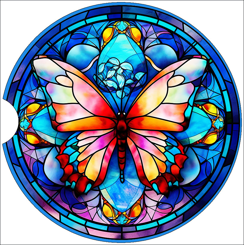 a colorful stained glass butterfly in a circle