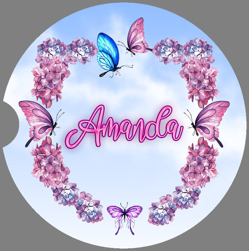 Personalized Butterfly Wreath Art Car Coasters - Matching Pair - Schoppix Gifts