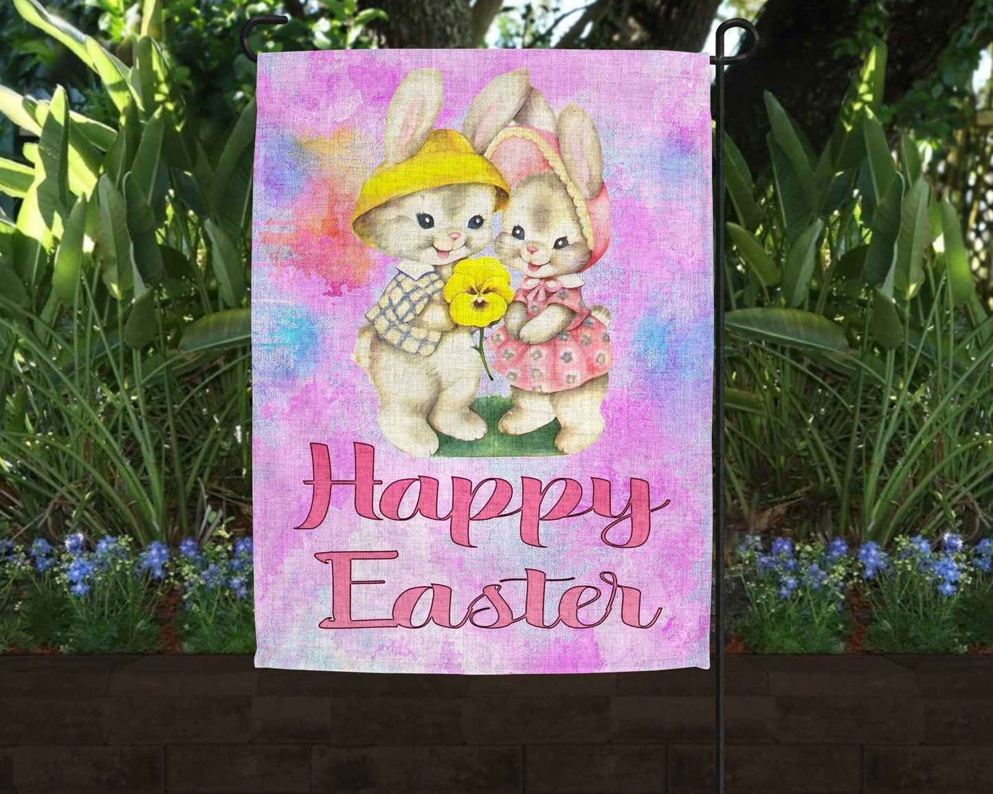 Cute Happy Easter Bunnies Linen Garden Flag - Schoppix Gifts