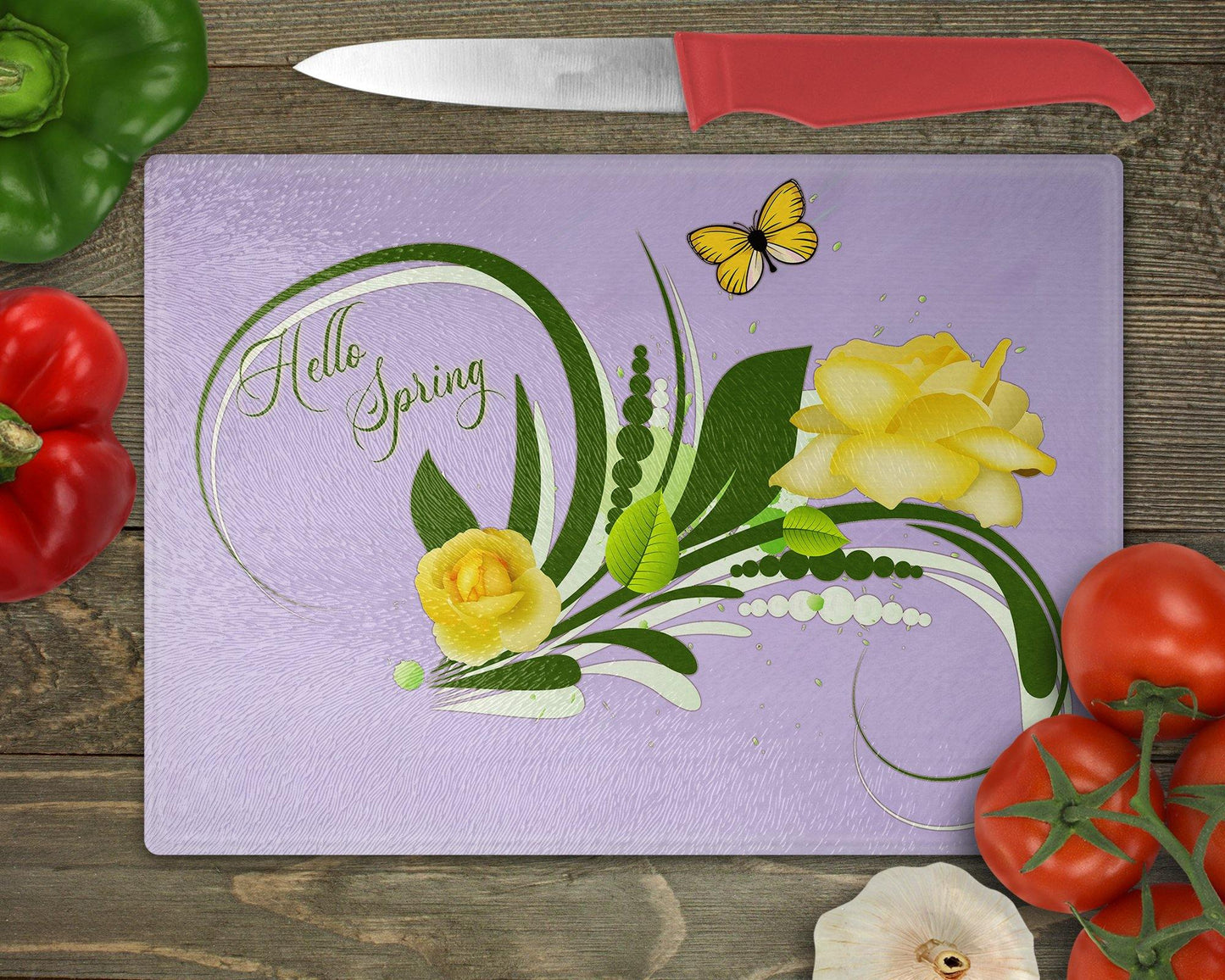 Hello Spring Yellow Roses Glass Cutting Board - Schoppix Gifts