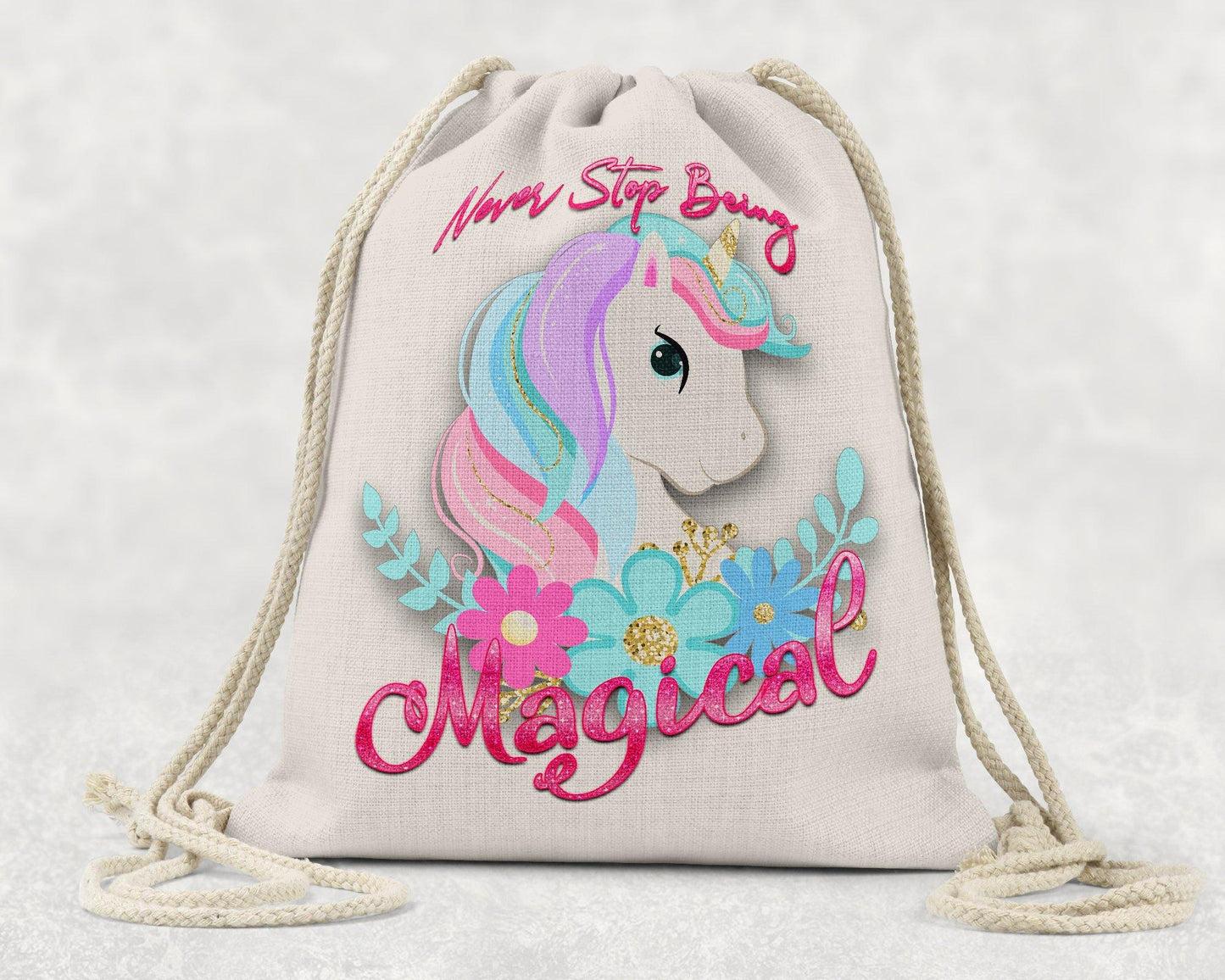 Never Stop Being Magical Unicorn Linen Drawstring Backpack - Schoppix Gifts