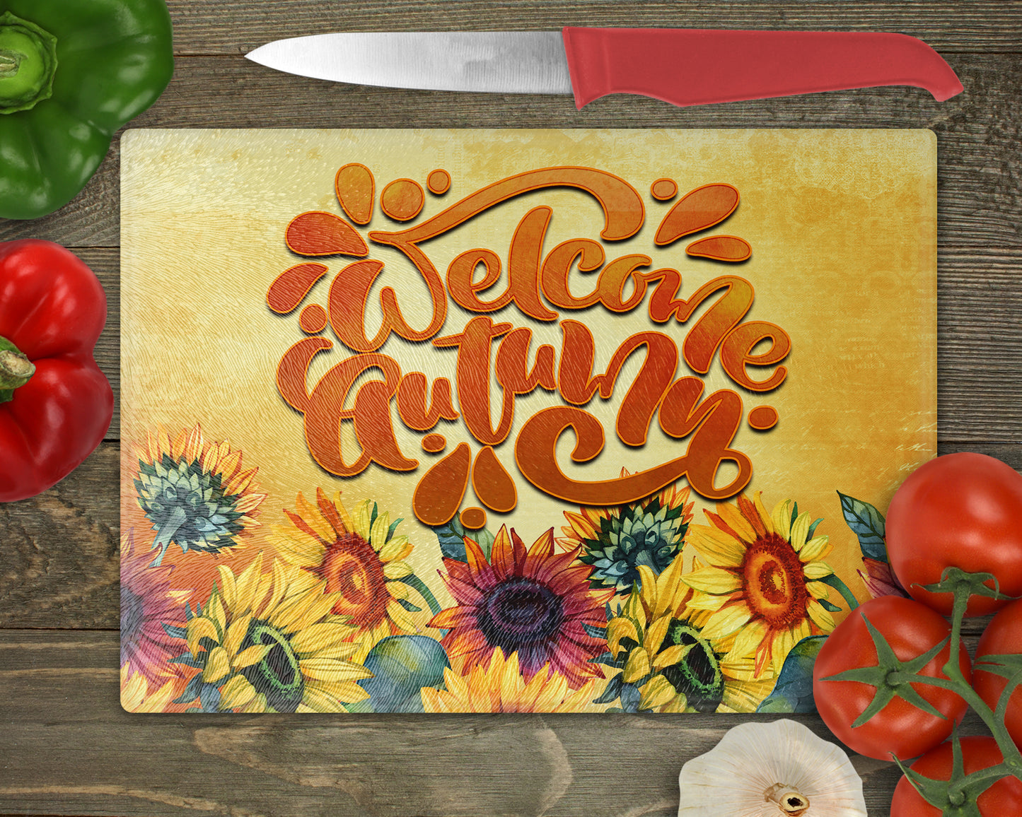 Welcome Autumn Sunflowers Fall Art Glass Cutting Board