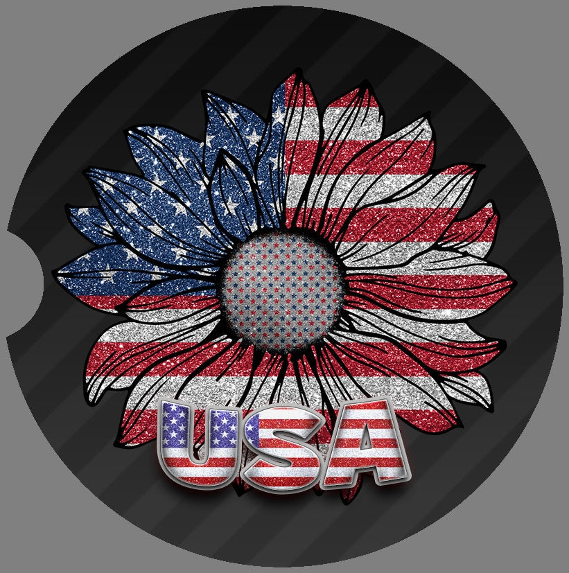 Glitter Look American Flag Sunflower Art Car Coasters - Matching Pair - Schoppix Gifts
