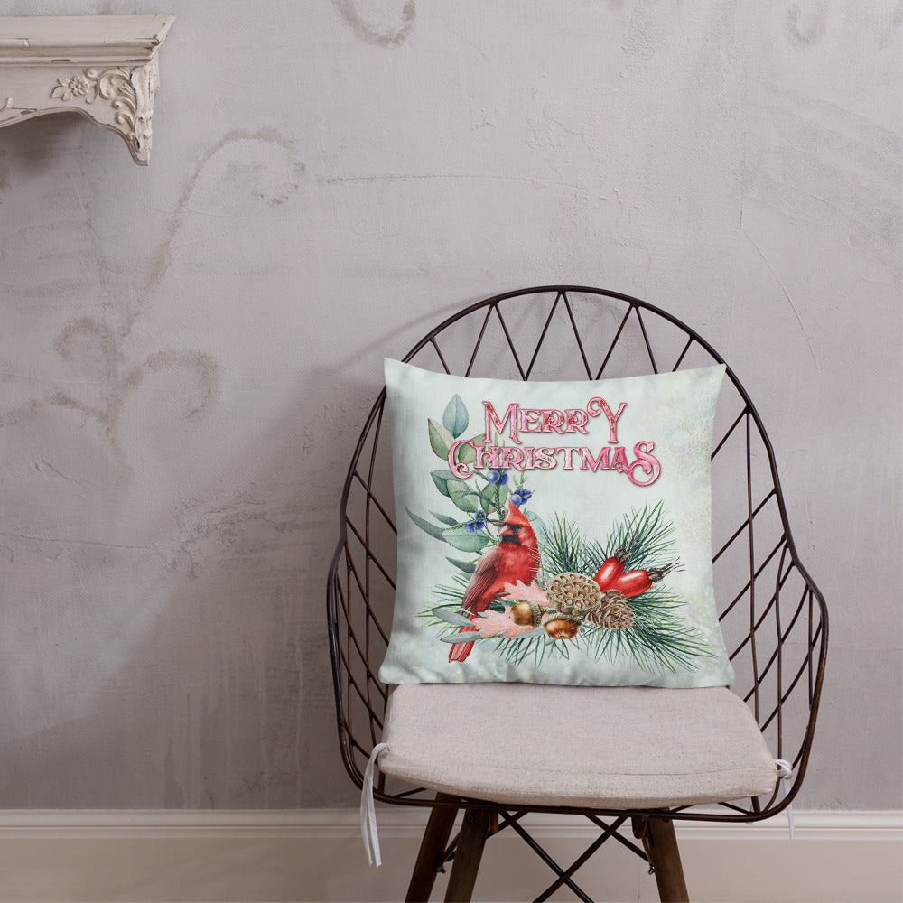 Merry Christmas Cardinal Wreath Decorative Throw Pillow