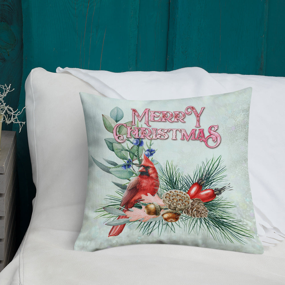 Merry Christmas Cardinal Wreath Decorative Throw Pillow