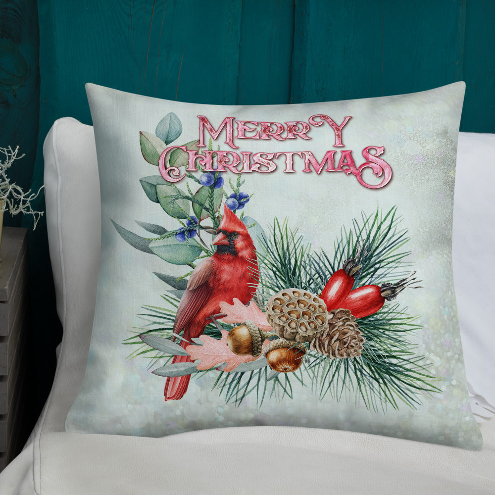 Merry Christmas Cardinal Wreath Decorative Throw Pillow