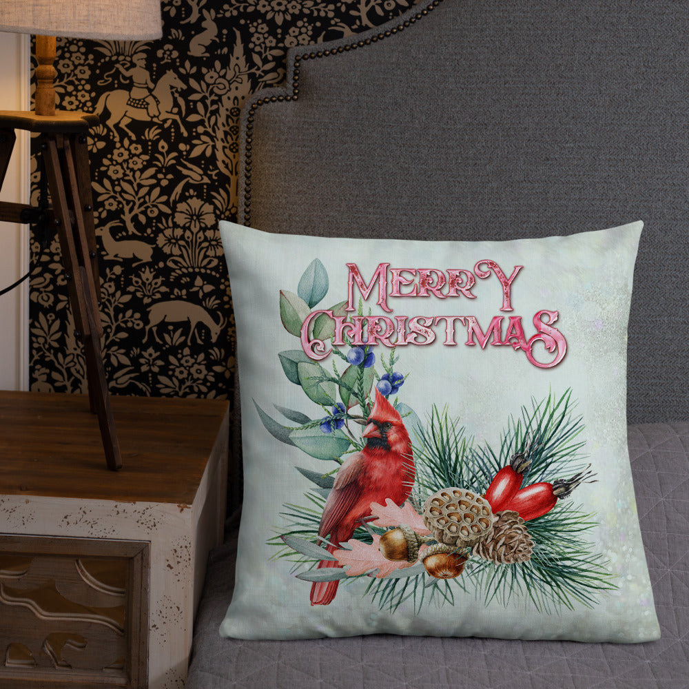 Merry Christmas Cardinal Wreath Decorative Throw Pillow
