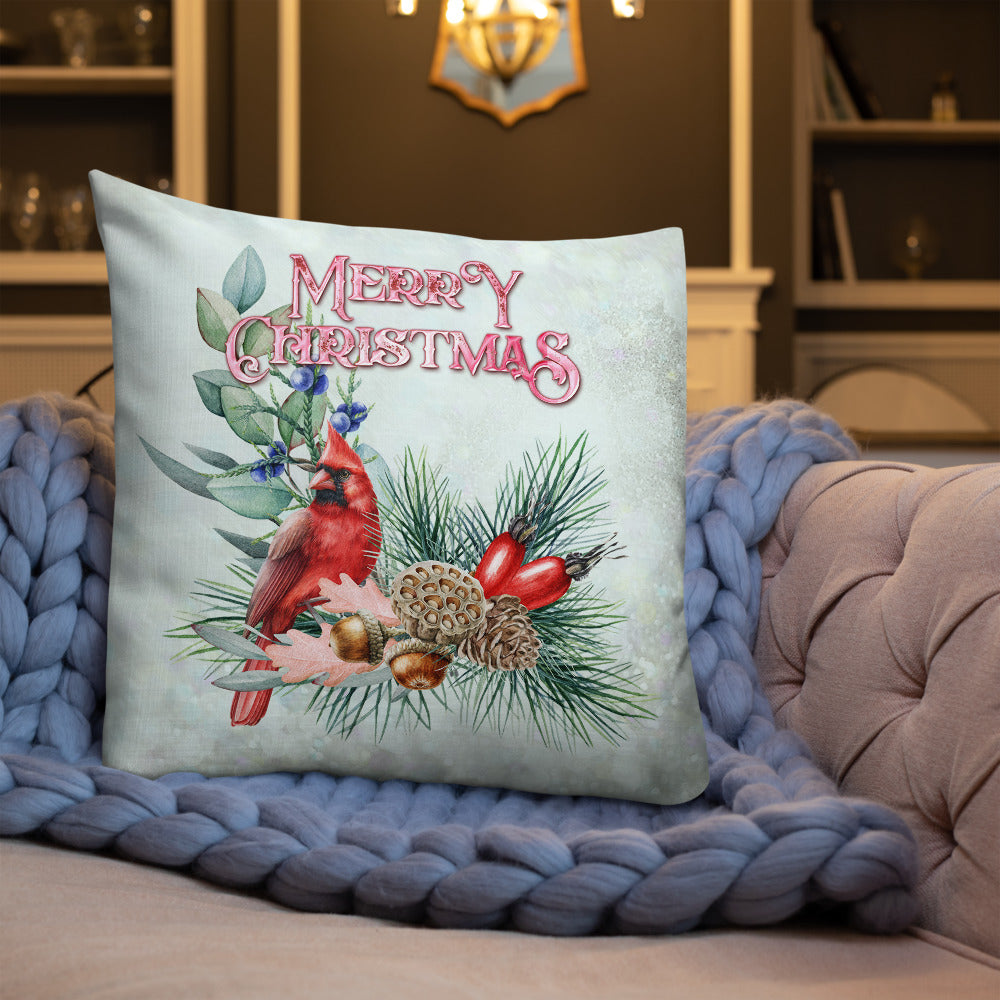 Merry Christmas Cardinal Wreath Decorative Throw Pillow