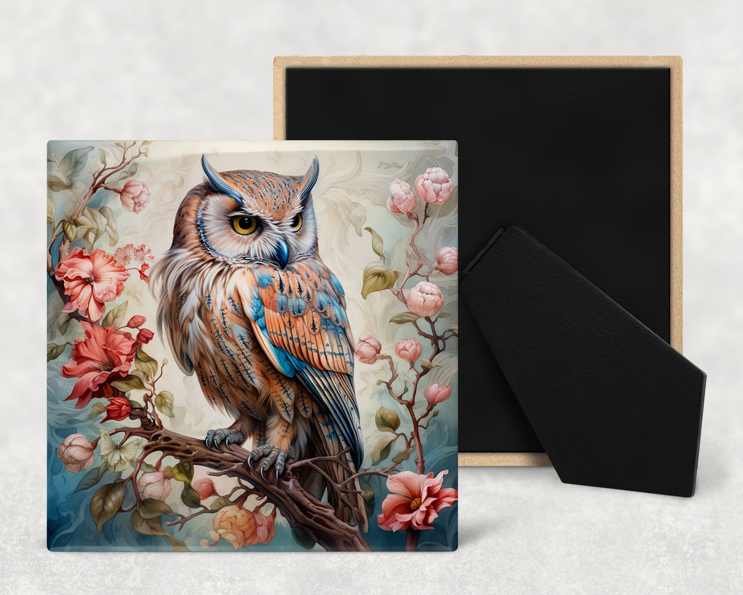 a painting of an owl sitting on a tree branch