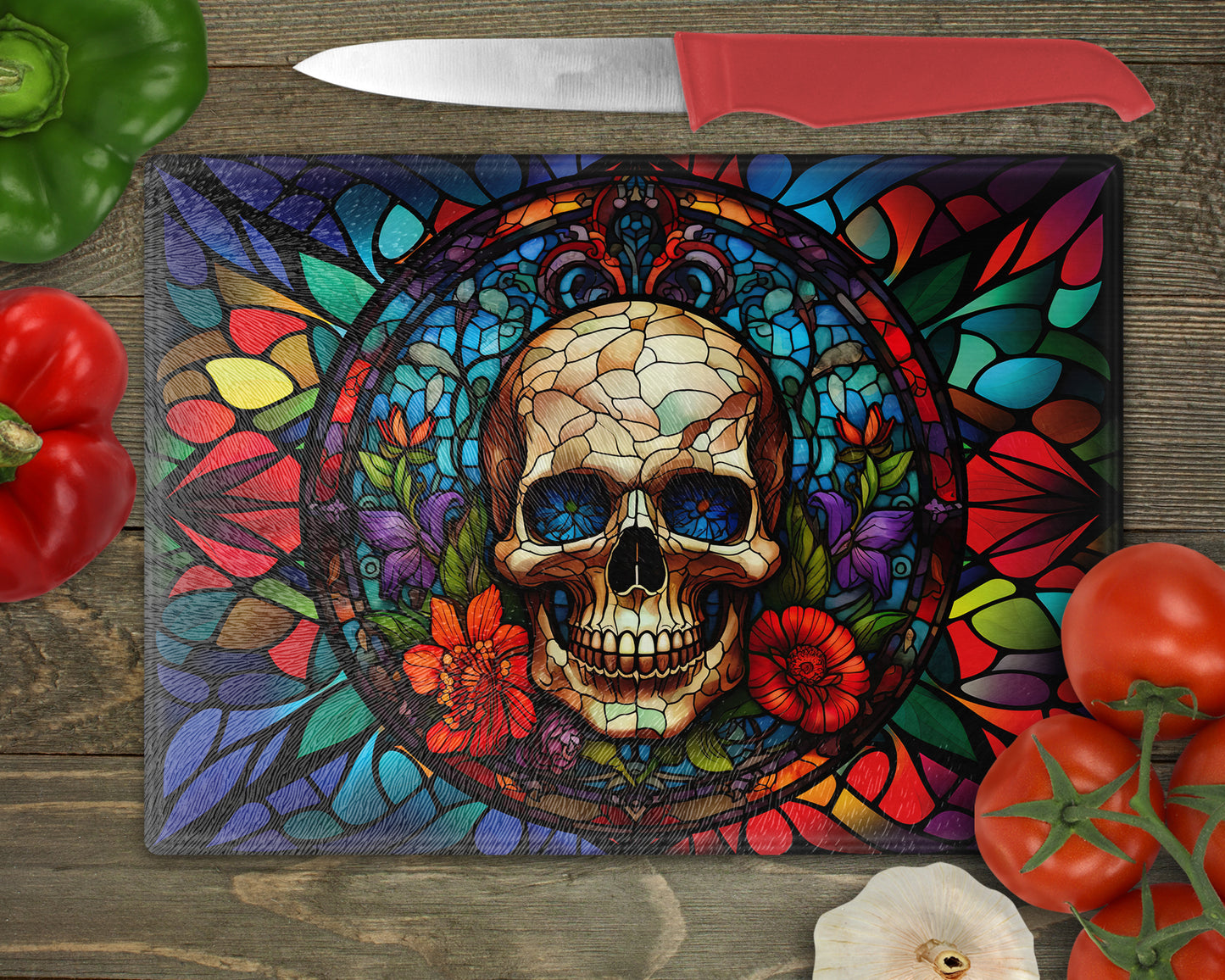 a painting of a skull on a cutting board