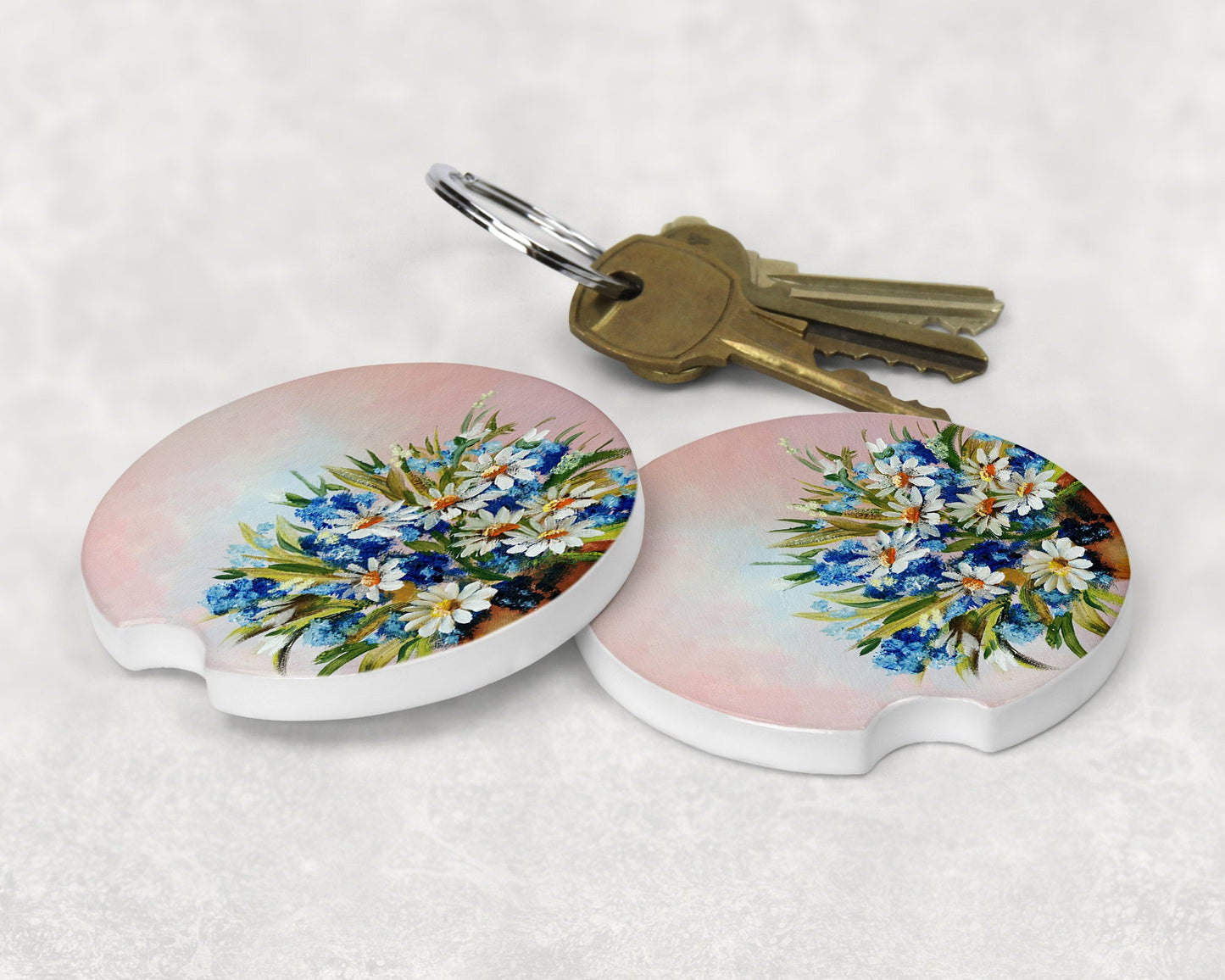 Daisies and Cornflowers Art Car Coasters - Matching Pair - Schoppix Gifts
