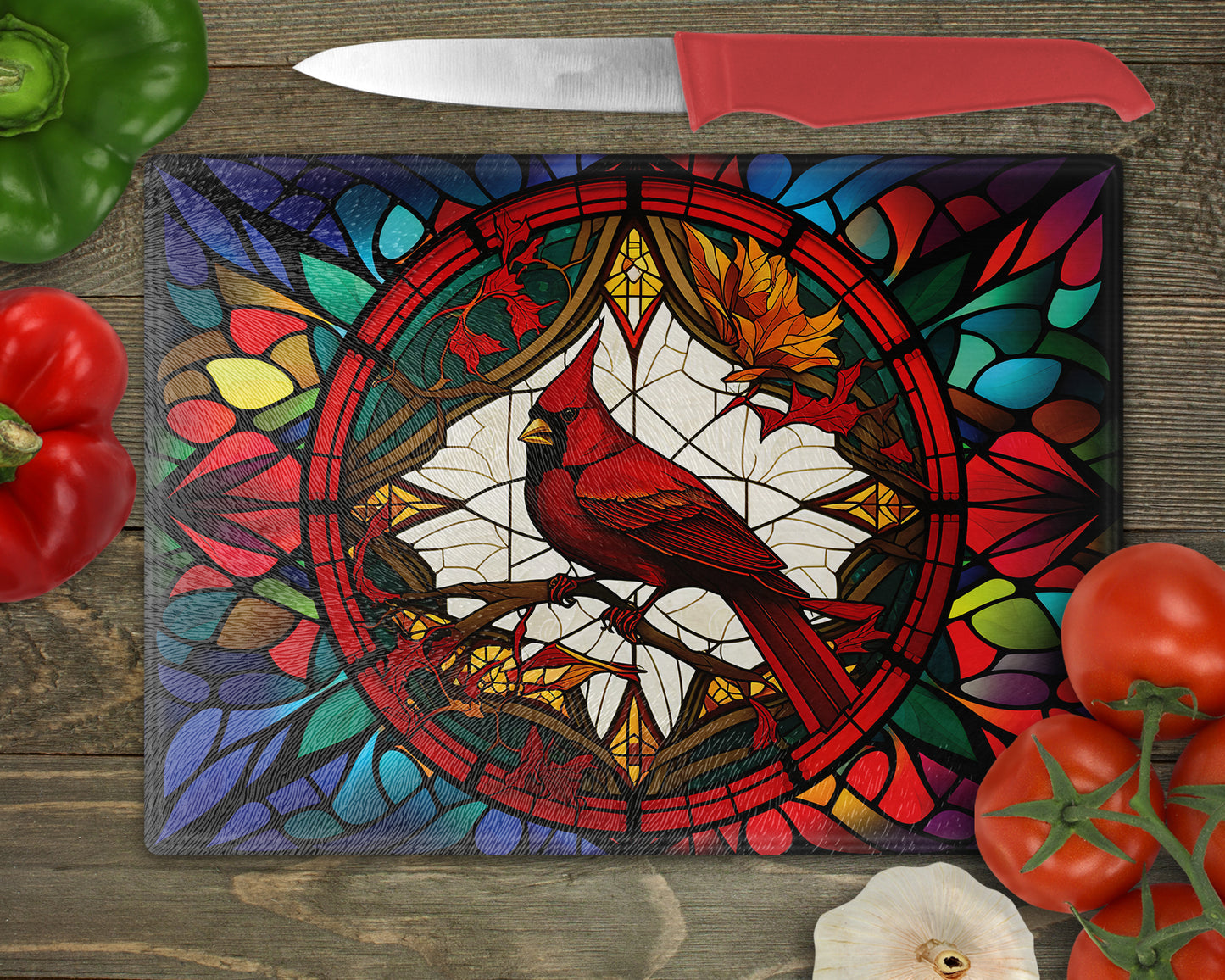 a stained glass cutting board with a cardinal on it