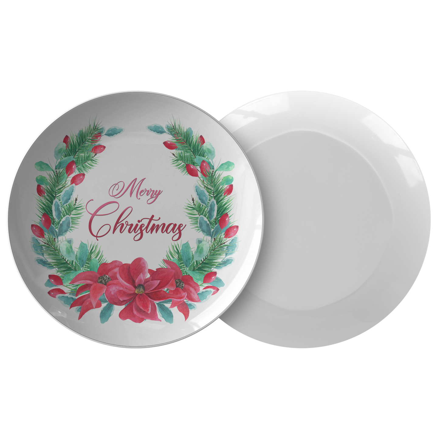 Merry Christmas Poinsettia Wreath Decorative Plate