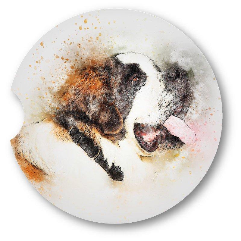 Saint Bernard Sandstone Car Coasters-Watercolor Style - Set of 2 - Key Chain - Schoppix Gifts