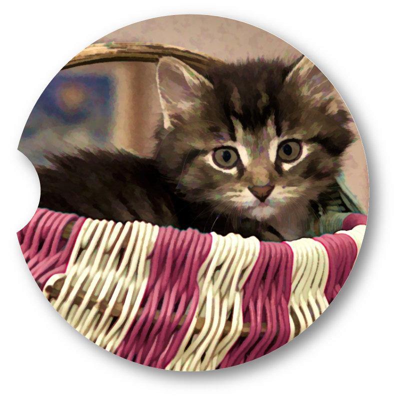 Kitten in Basket Sandstone Car Coasters / Set of 2 - Schoppix Gifts