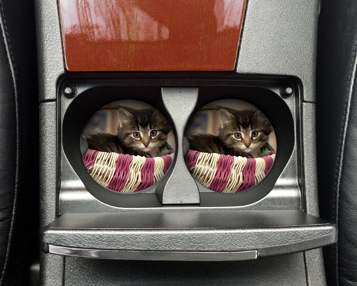 Kitten in Basket Sandstone Car Coasters / Set of 2 - Schoppix Gifts