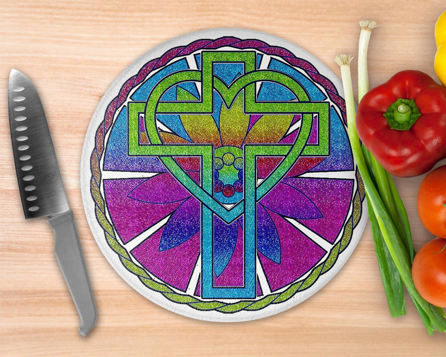 Heart Cross Mandala Glass Cutting Board - Round Cutting Board - Schoppix Gifts