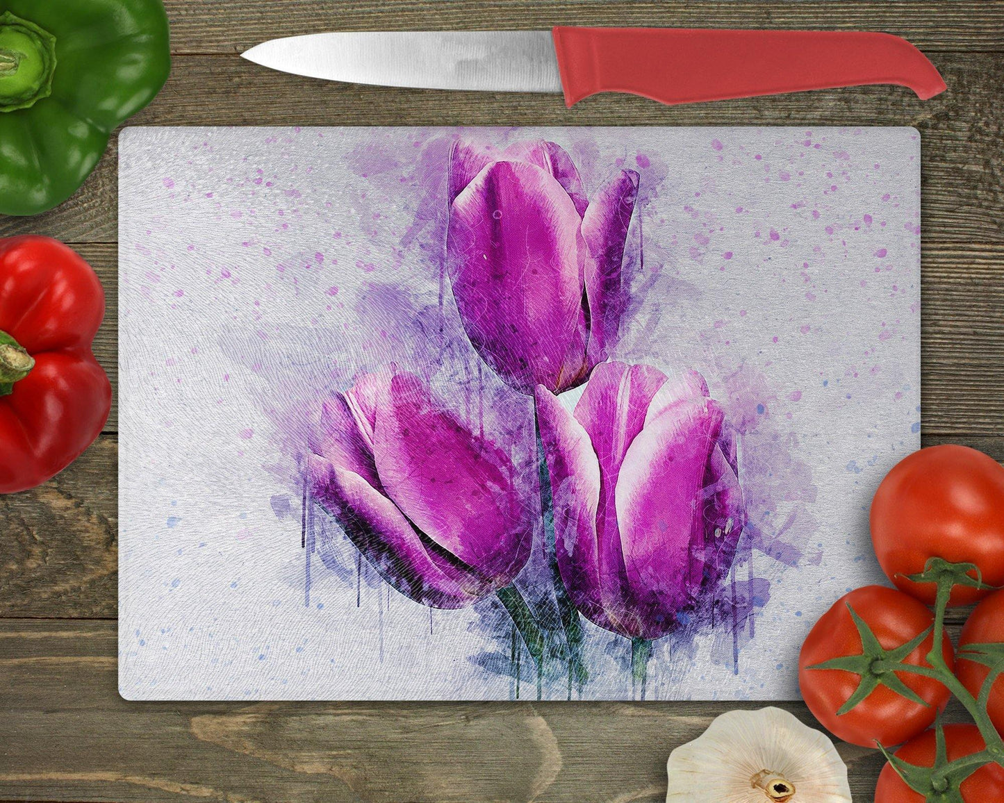 Purple Watercolor Style Tulips Glass Cutting Board - Schoppix Gifts