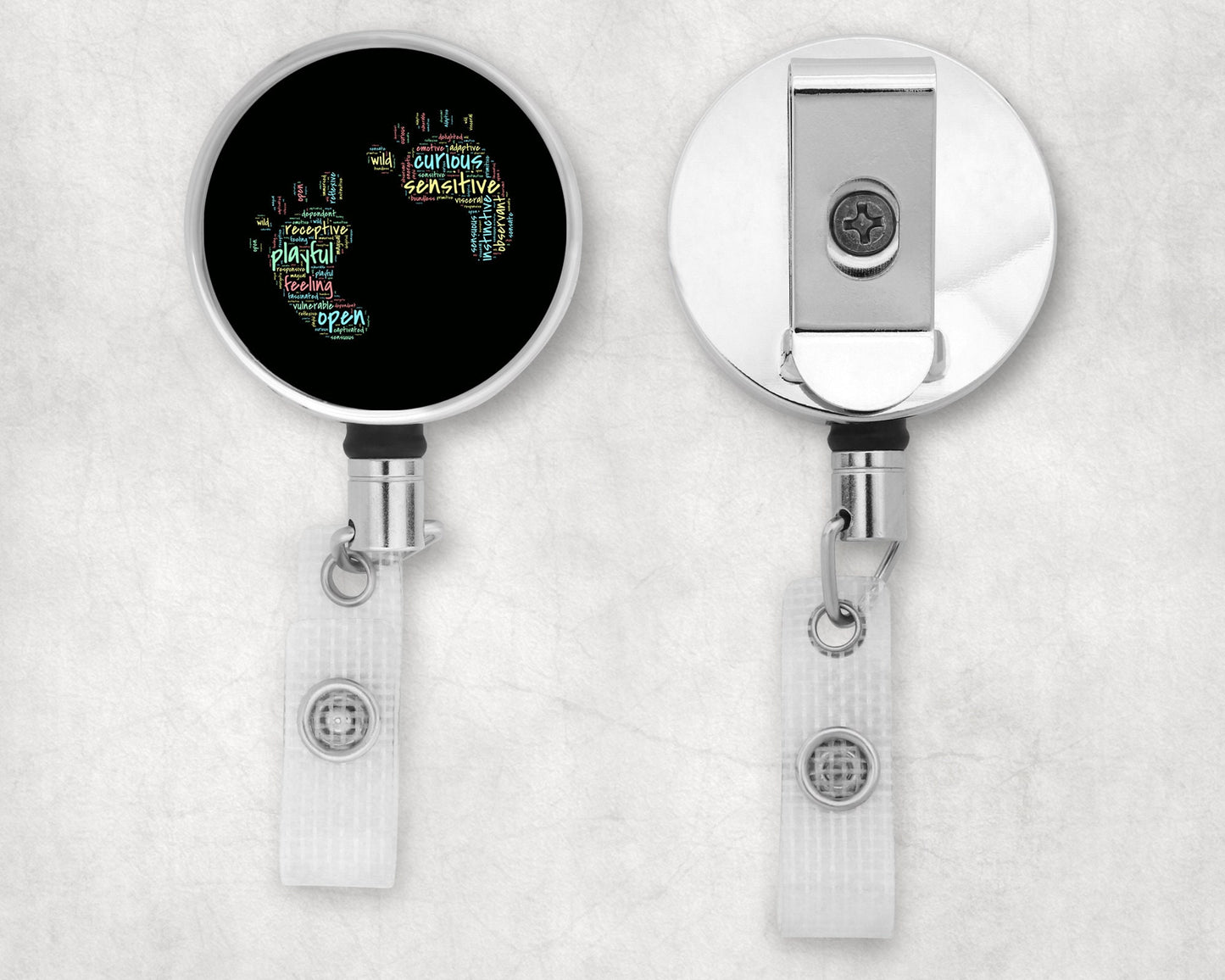 Cute Baby Feet Text Art Badge Reel