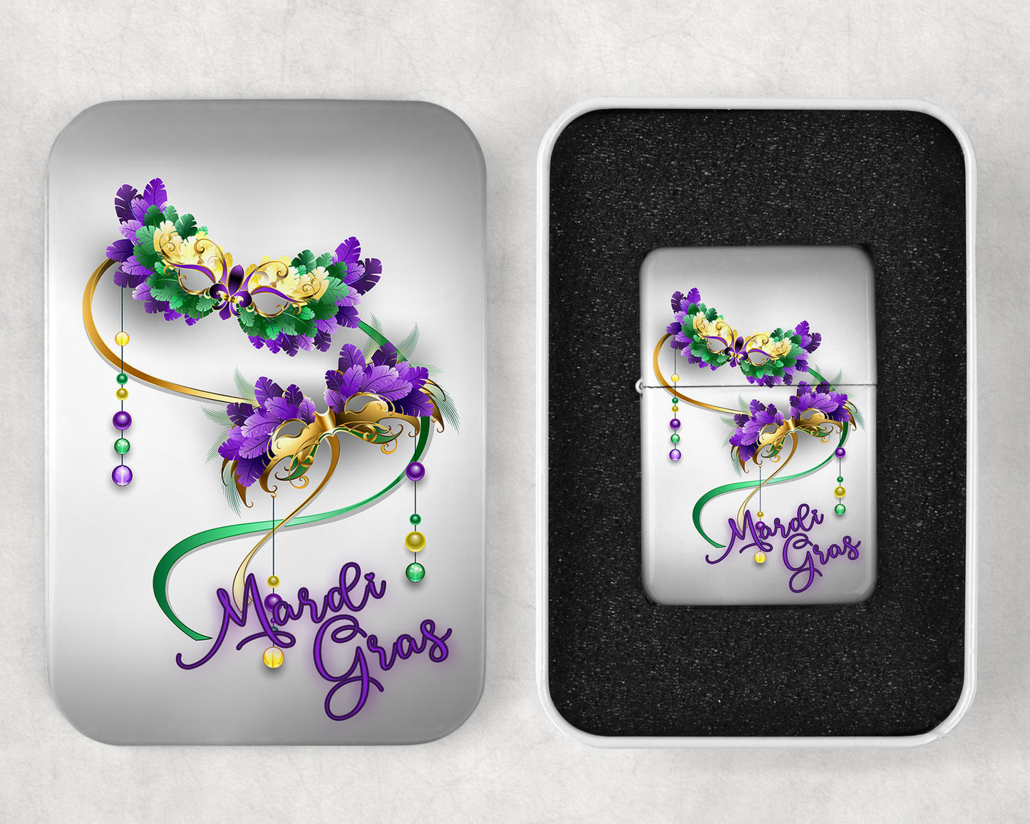 Mardi Gras Masks Design Flip Top Lighter and Matching Gift Tin