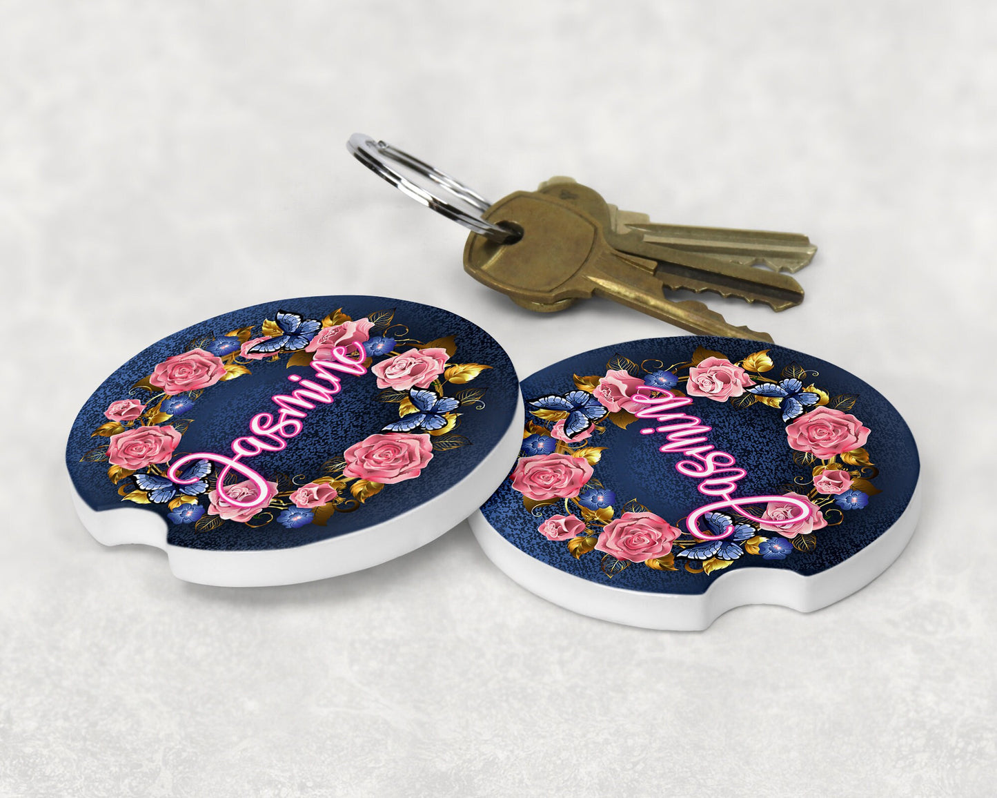 Personalized Butterfly Wreath Denim Look Art Car Coasters - Matching Pair - Schoppix Gifts