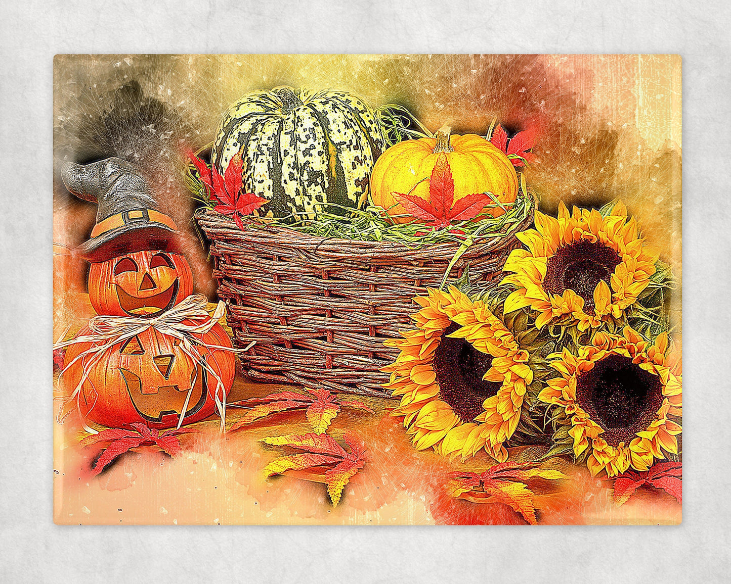 Autumn Pumpkin and Sunflowers Still Life Art Decorative Ceramic Tile with Easel Back - 6x8 inches