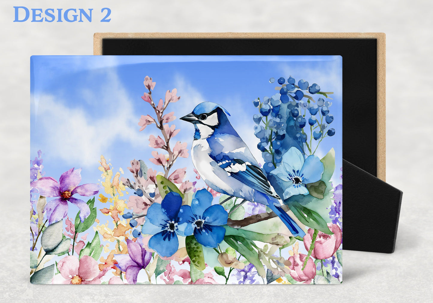 Watercolor Blue Jay and Flowers Art Decorative Ceramic Tile with Optional Easel Back - 6x8 inches - 3 Different Designs