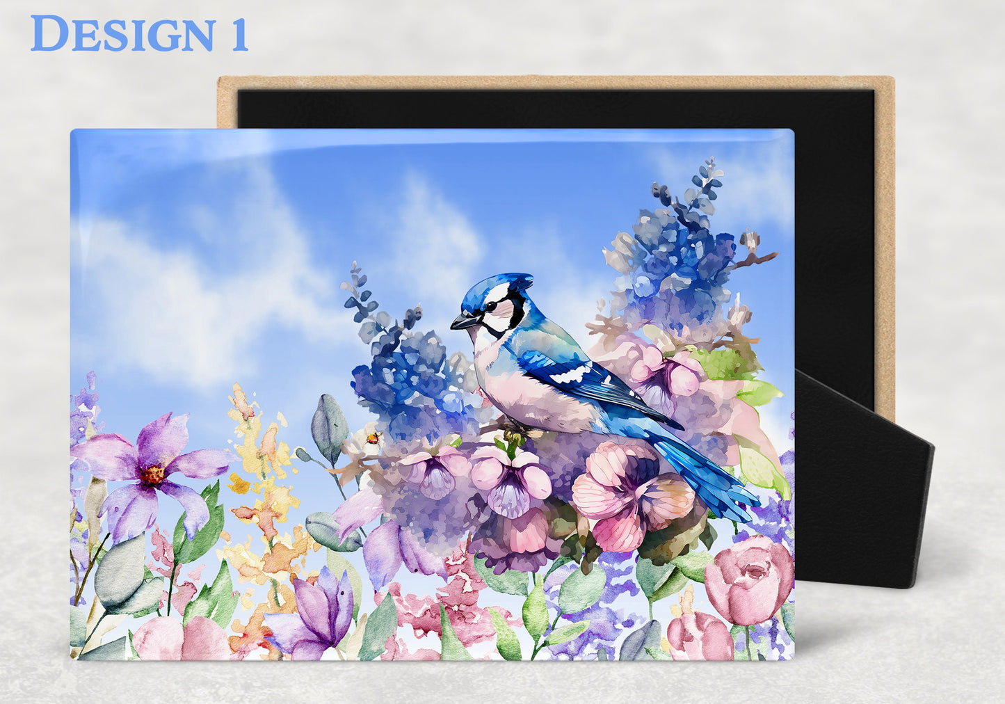 Watercolor Blue Jay and Flowers Art Decorative Ceramic Tile with Optional Easel Back - 6x8 inches - 3 Different Designs