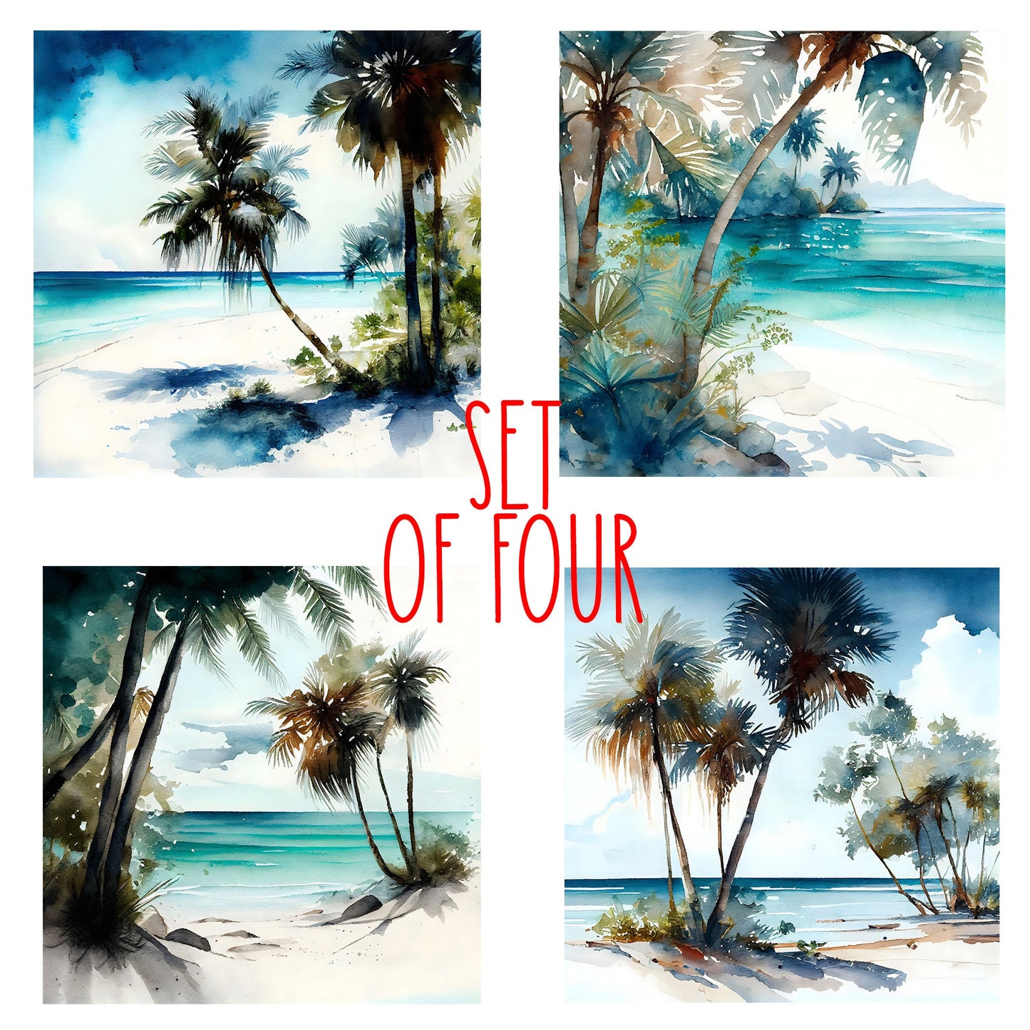 Beach Life Island Art Decorative Ceramic Tile Set with Optional Easel Back - Available in 4 sizes - Set of 4