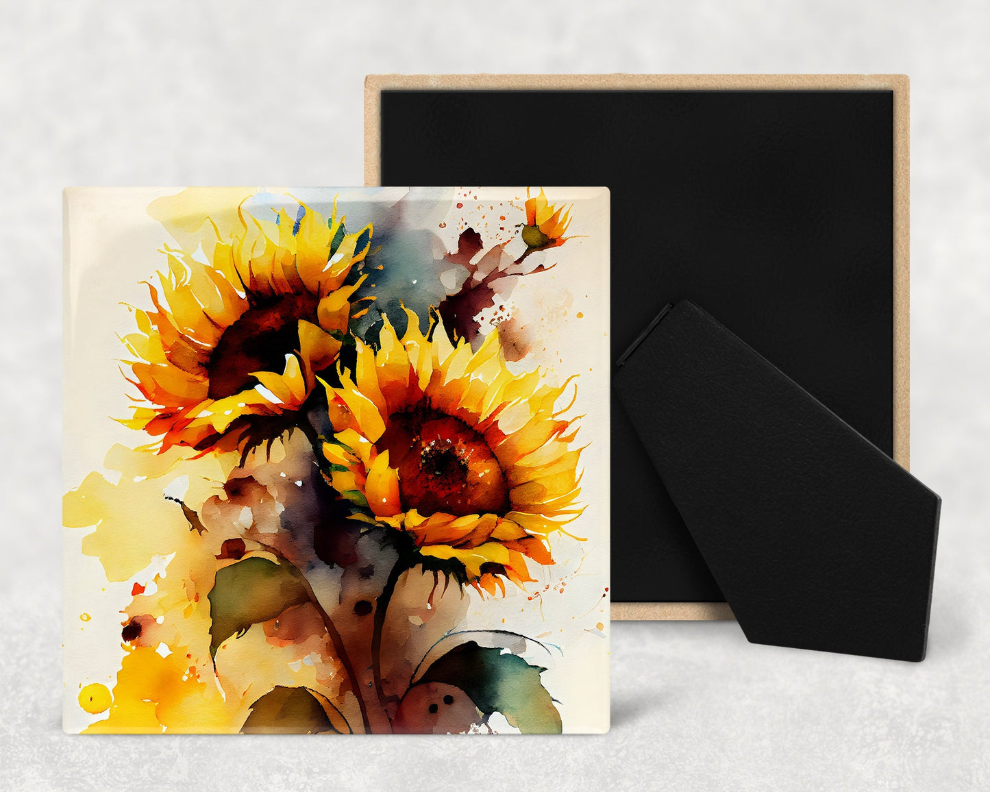 Sunflowers Art Decorative Ceramic Tile Set with Optional Easel Back - Available in 4 sizes - Set of 4