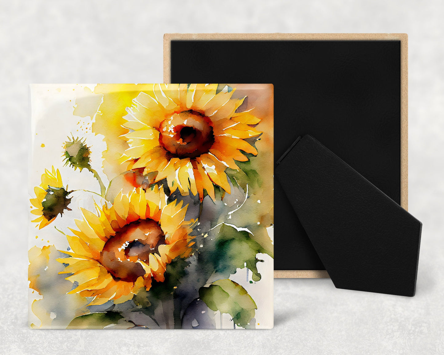 Sunflowers Art Decorative Ceramic Tile Set with Optional Easel Back - Available in 4 sizes - Set of 4