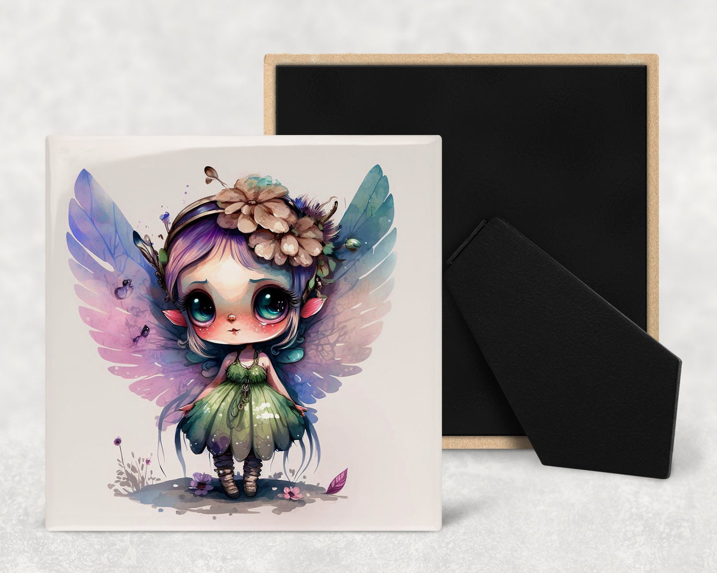 Cute Fae Art Decorative Ceramic Tile Set with Optional Easel Back - Available in 4 sizes - Set of 4
