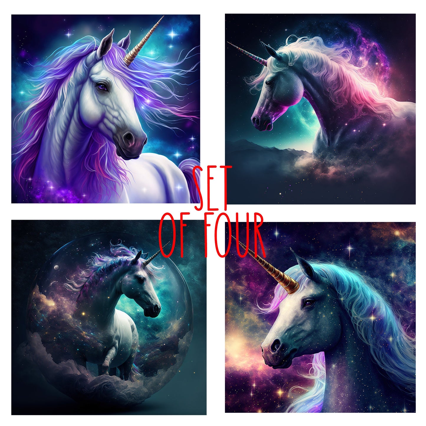 Mystic Unicorns Art Decorative Ceramic Tile Set with Optional Easel Back - Available in 4 sizes - Set of 4
