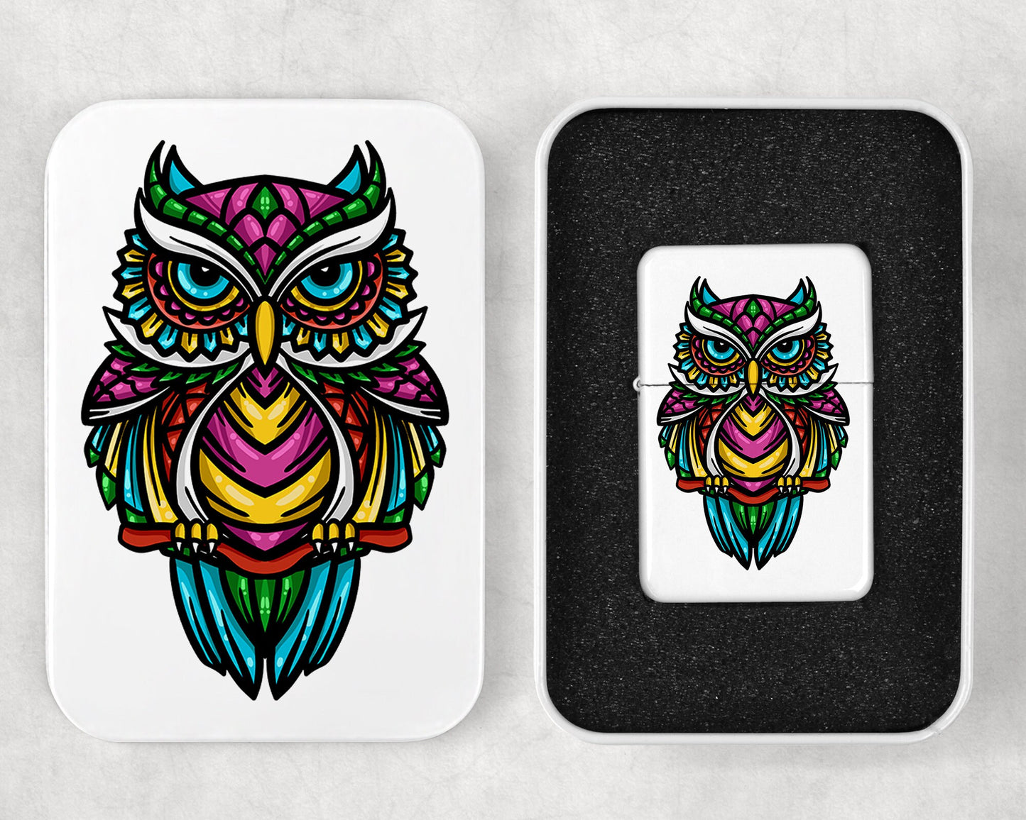 Tribal Owl Art Flip Top Lighter and Matching Gift Tin