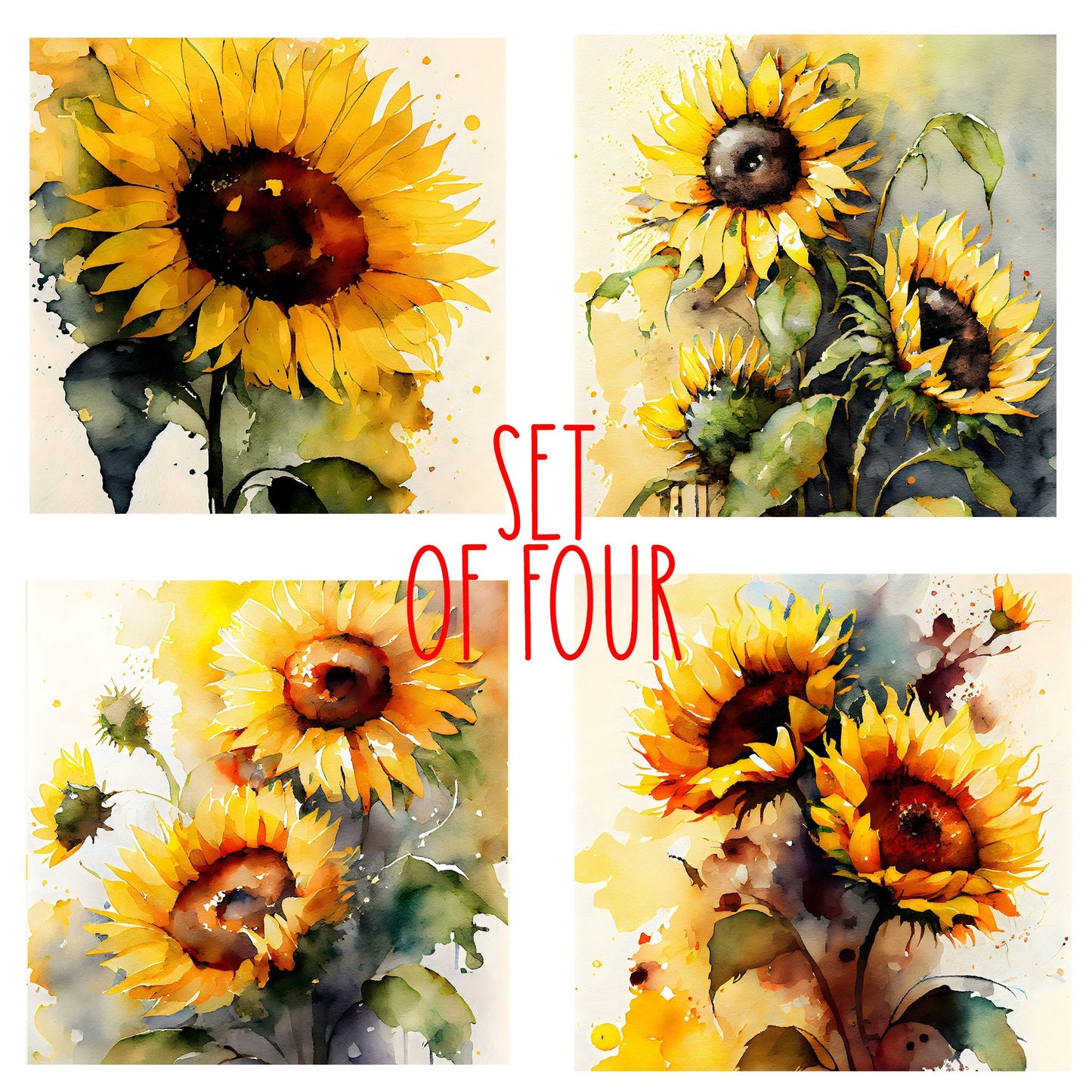 Sunflowers Art Decorative Ceramic Tile Set with Optional Easel Back - Available in 4 sizes - Set of 4