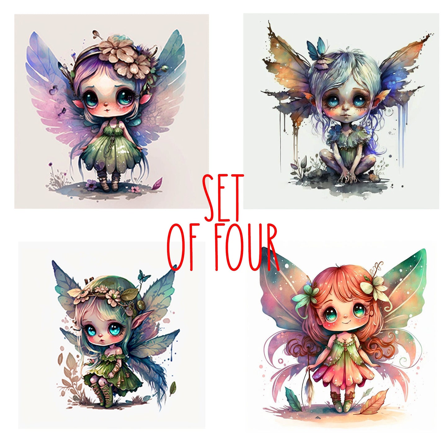 Cute Fae Art Decorative Ceramic Tile Set with Optional Easel Back - Available in 4 sizes - Set of 4