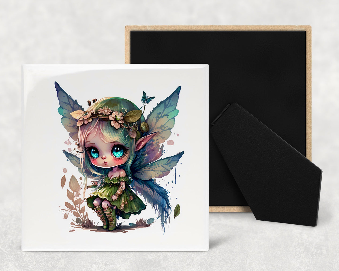 Cute Fae Art Decorative Ceramic Tile Set with Optional Easel Back - Available in 4 sizes - Set of 4