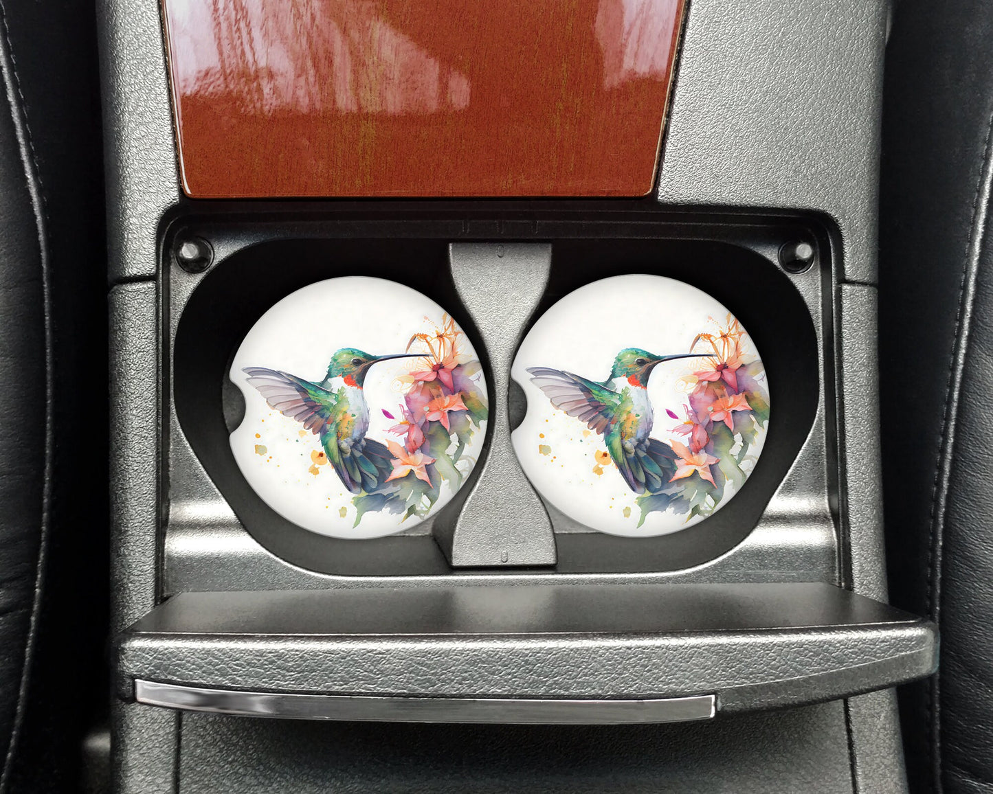 Watercolor Green Hummingbird Art Car Coasters - Matching Pair - Set of 2