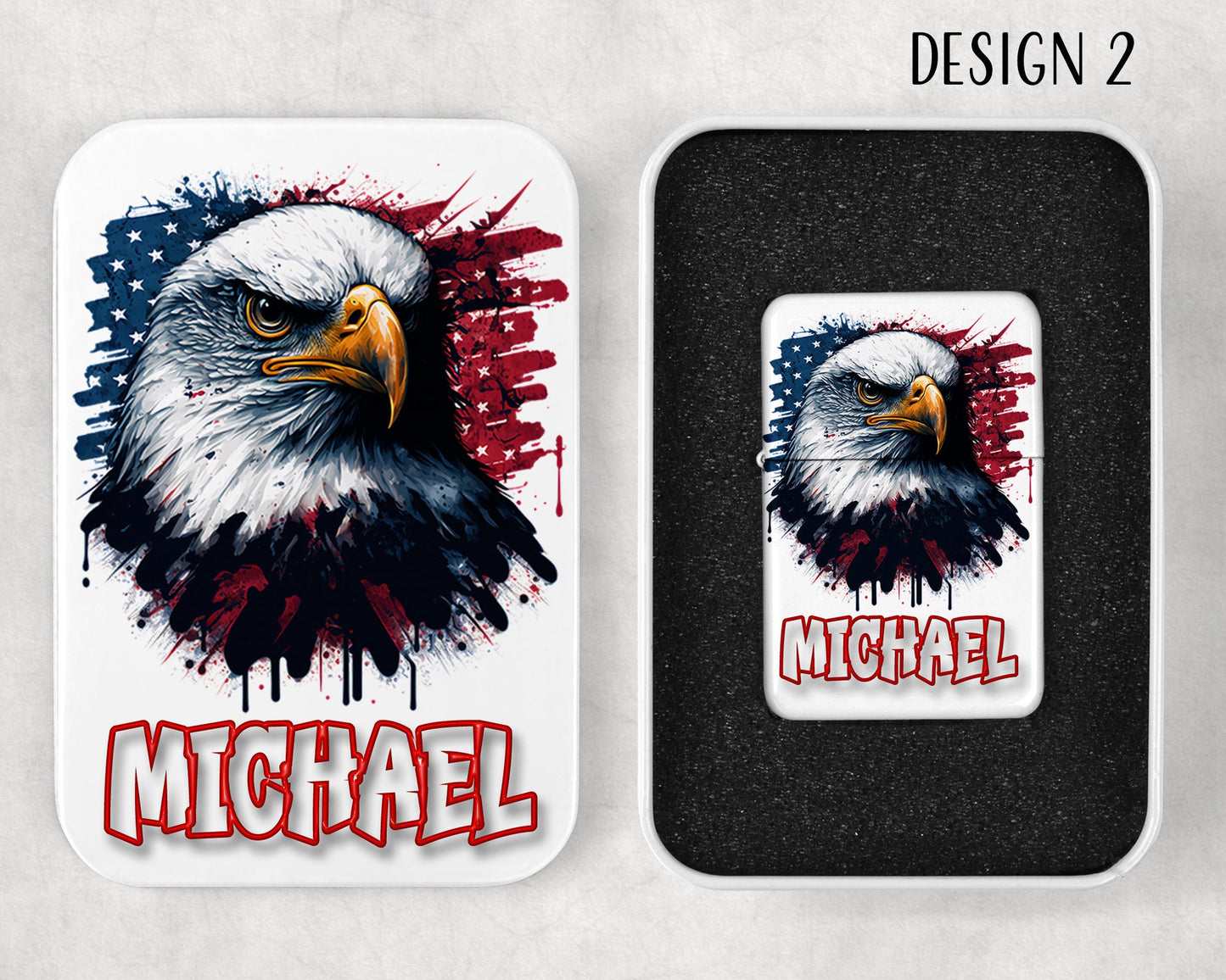 Personalized American Bald Eagle Art Flip Top Lighter and Matching Gift Tin - 4 Design Choices