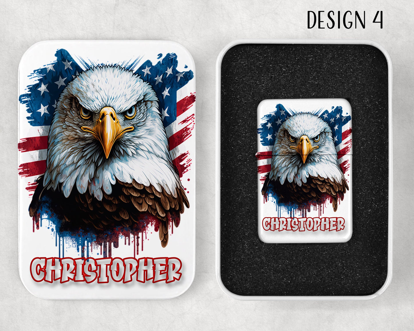 Personalized American Bald Eagle Art Flip Top Lighter and Matching Gift Tin - 4 Design Choices