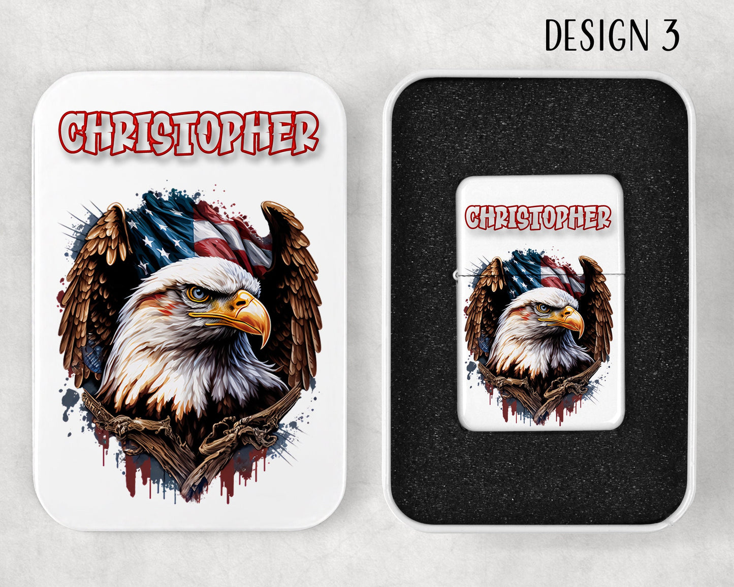 Personalized American Bald Eagle Art Flip Top Lighter and Matching Gift Tin - 4 Design Choices