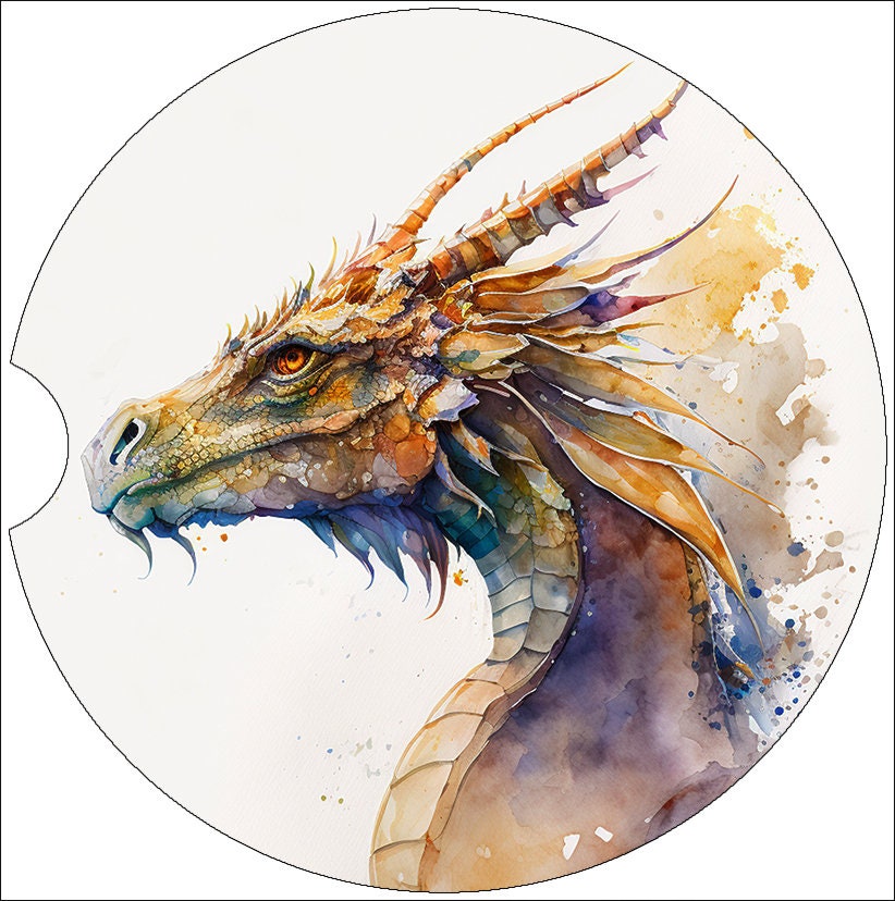 Watercolor Dragon Portrait Art Car Coasters - Matching Pair - Set of 2