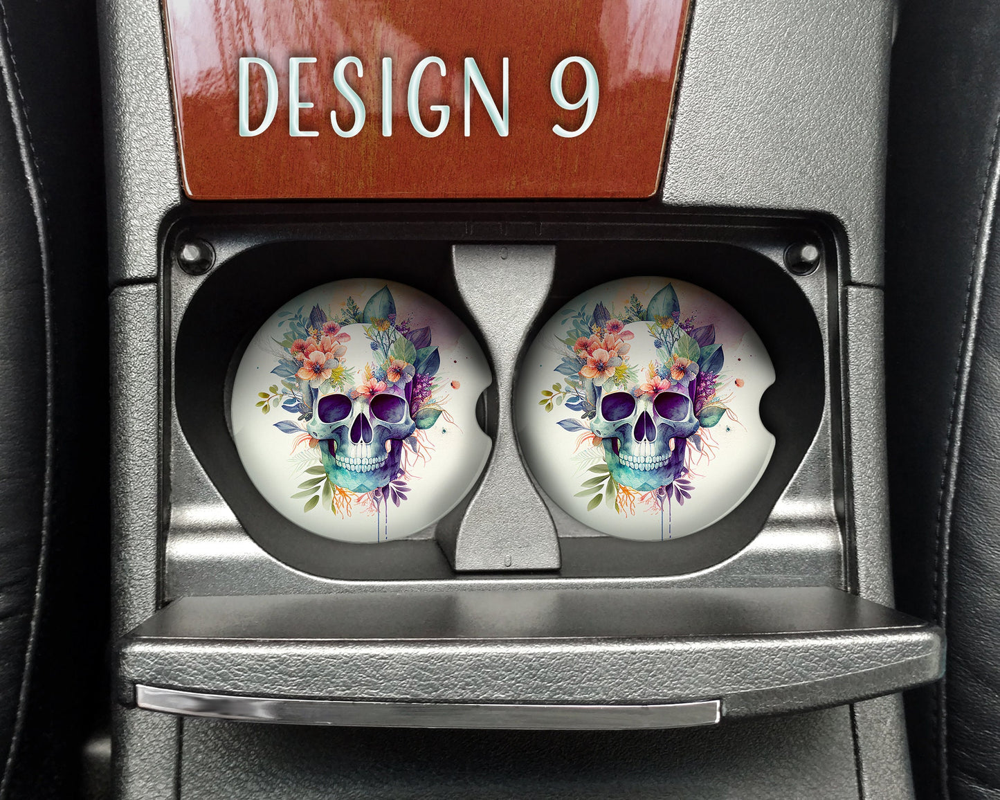 Watercolor Floral Skull Art Car Coasters - Matching Pair - Set of 2 - Nine Designs Available
