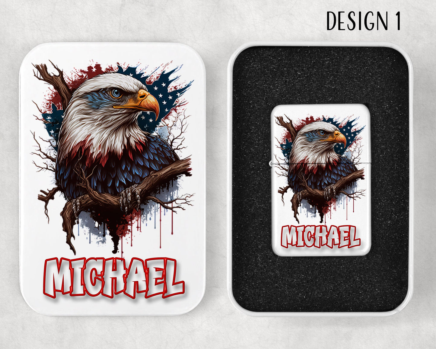 Personalized American Bald Eagle Art Flip Top Lighter and Matching Gift Tin - 4 Design Choices
