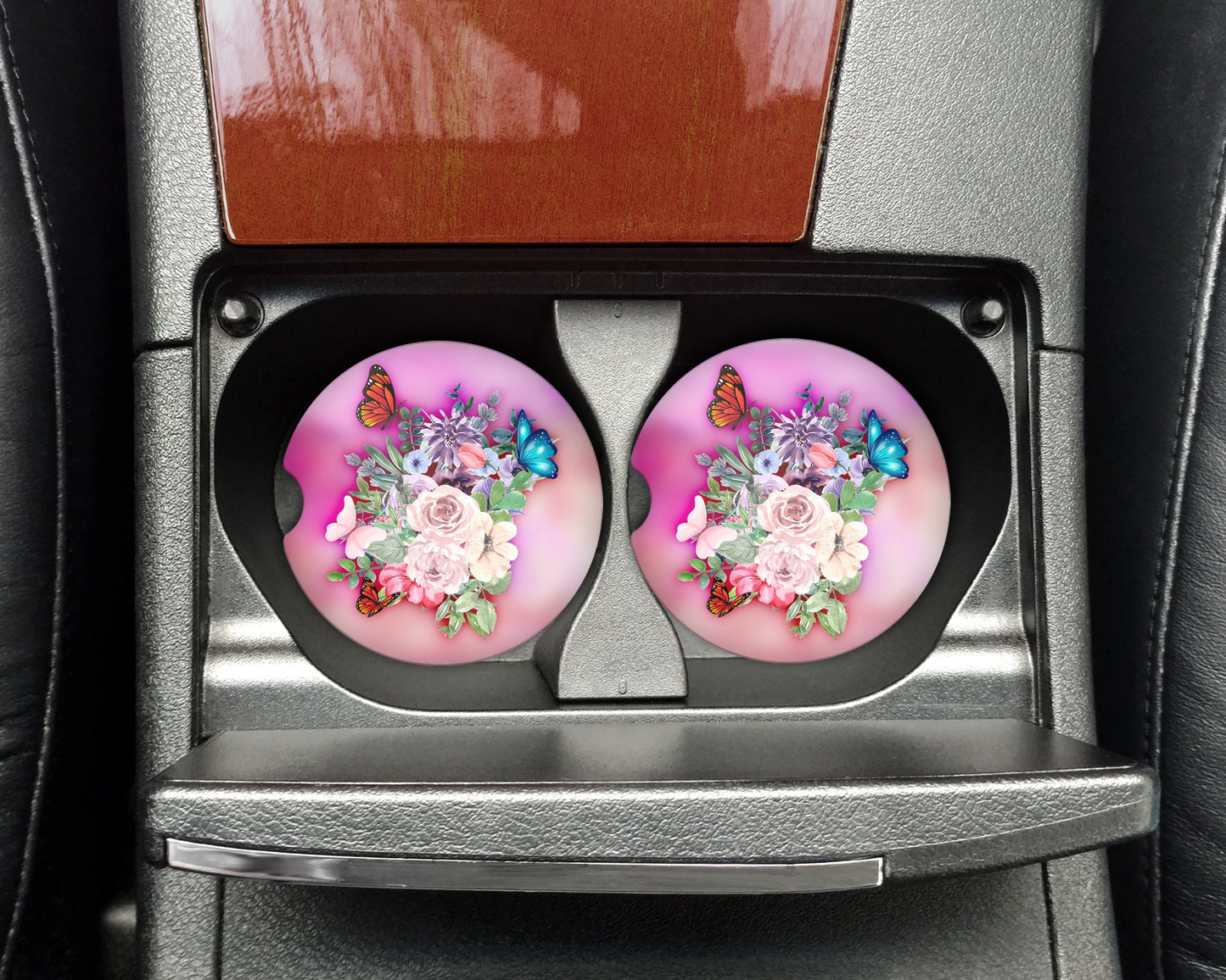 Butterflies and Roses Art Car Coasters - Matching Pair - Set of 2